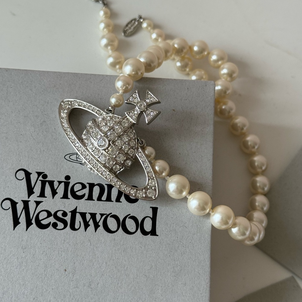 Vivienne Westwood Cream Pearl Necklace with Silver Crystal Orb